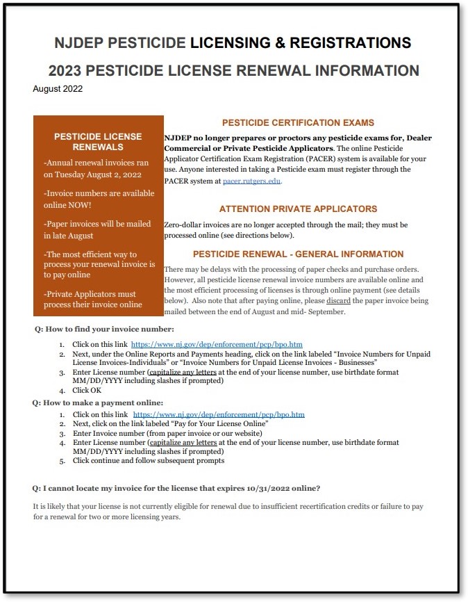Private Applicators NJDEP August Mailing of 2023 Invoices